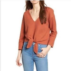 Madewell Textured Tie-Front Top Long Sleeve V-neck Burnt Orange size small